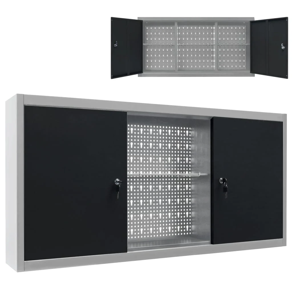 Berkfield Wall Mounted Tool Cabinet Industrial Style Metal Grey and Black