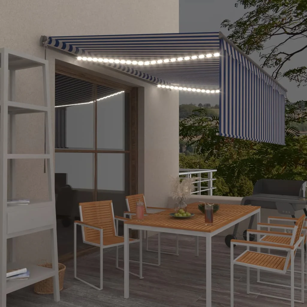 Berkfield Manual Retractable Awning with Blind&LED 4x3m Blue&White