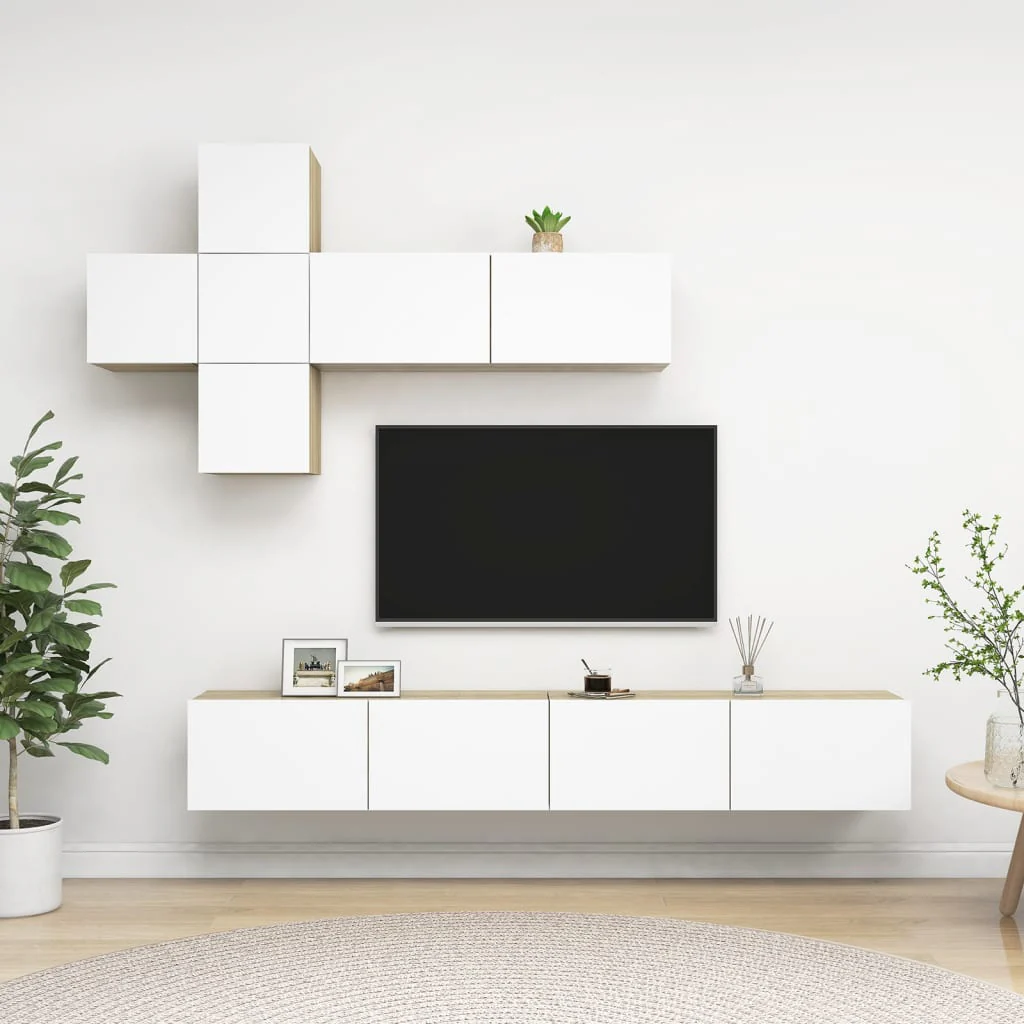 Berkfield 7 Piece TV Cabinet Set White and Sonoma Oak Engineered Wood