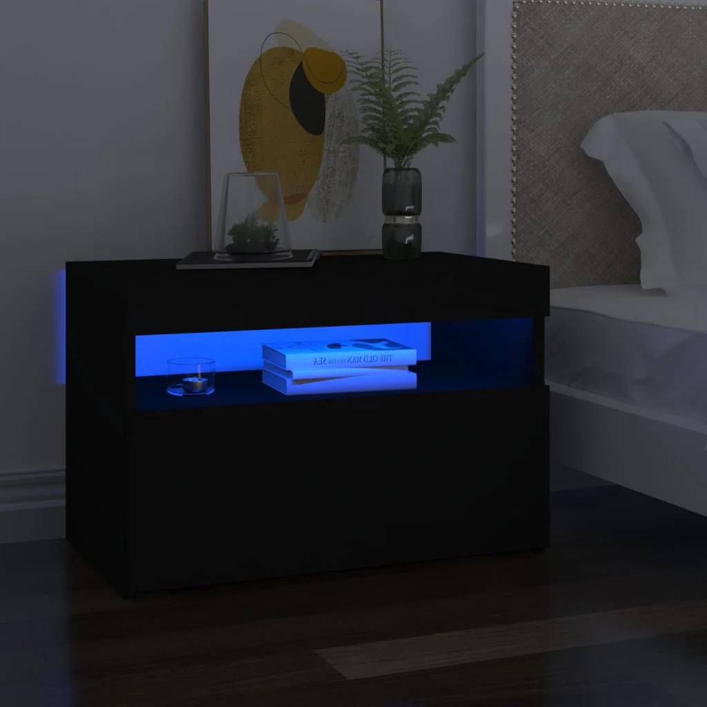 Berkfield Bedside Cabinet & LED Lights Black 60x35x40 cm Engineered Wood