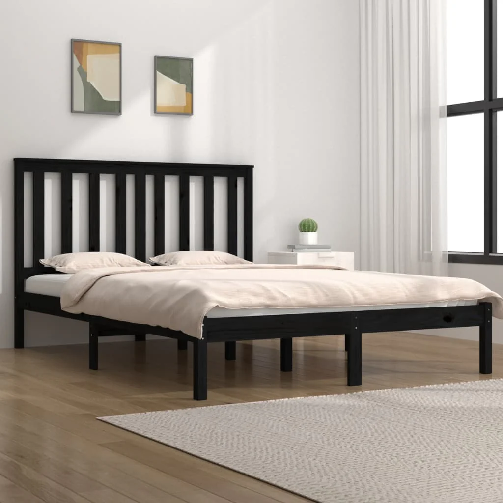 Berkfield Bed Frame Black Solid Wood Pine 135x190 cm Double