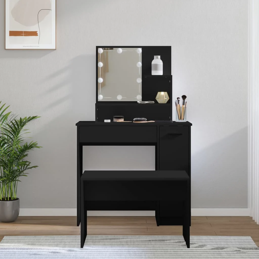 Berkfield Dressing Table Set with LED Black Engineered Wood