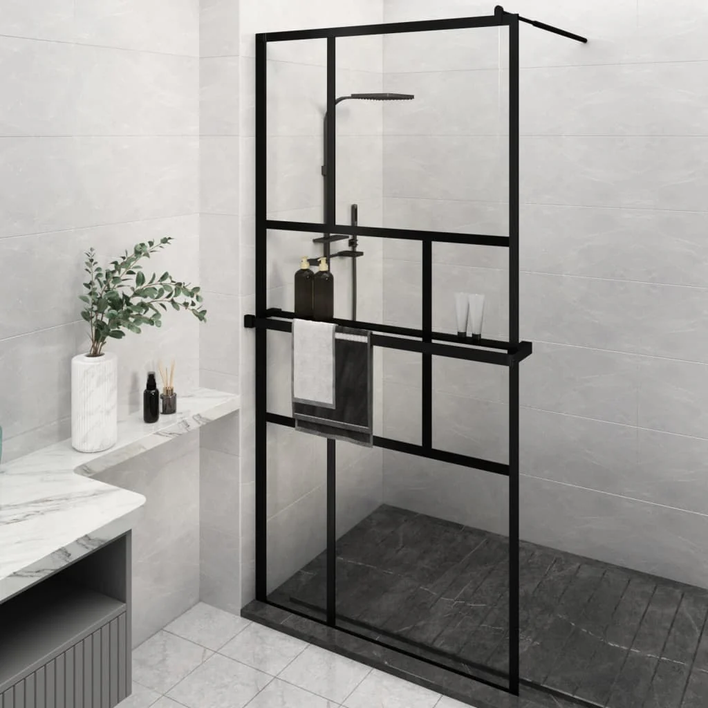 Berkfield Walk-in Shower Wall with Shelf Black 115x195 cm ESG Glass&Aluminium