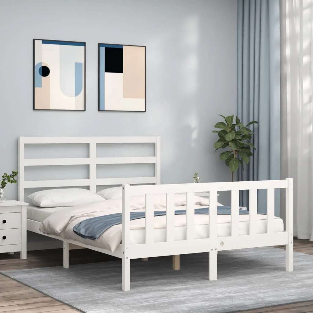 Berkfield Bed Frame with Headboard White Small Double Solid Wood