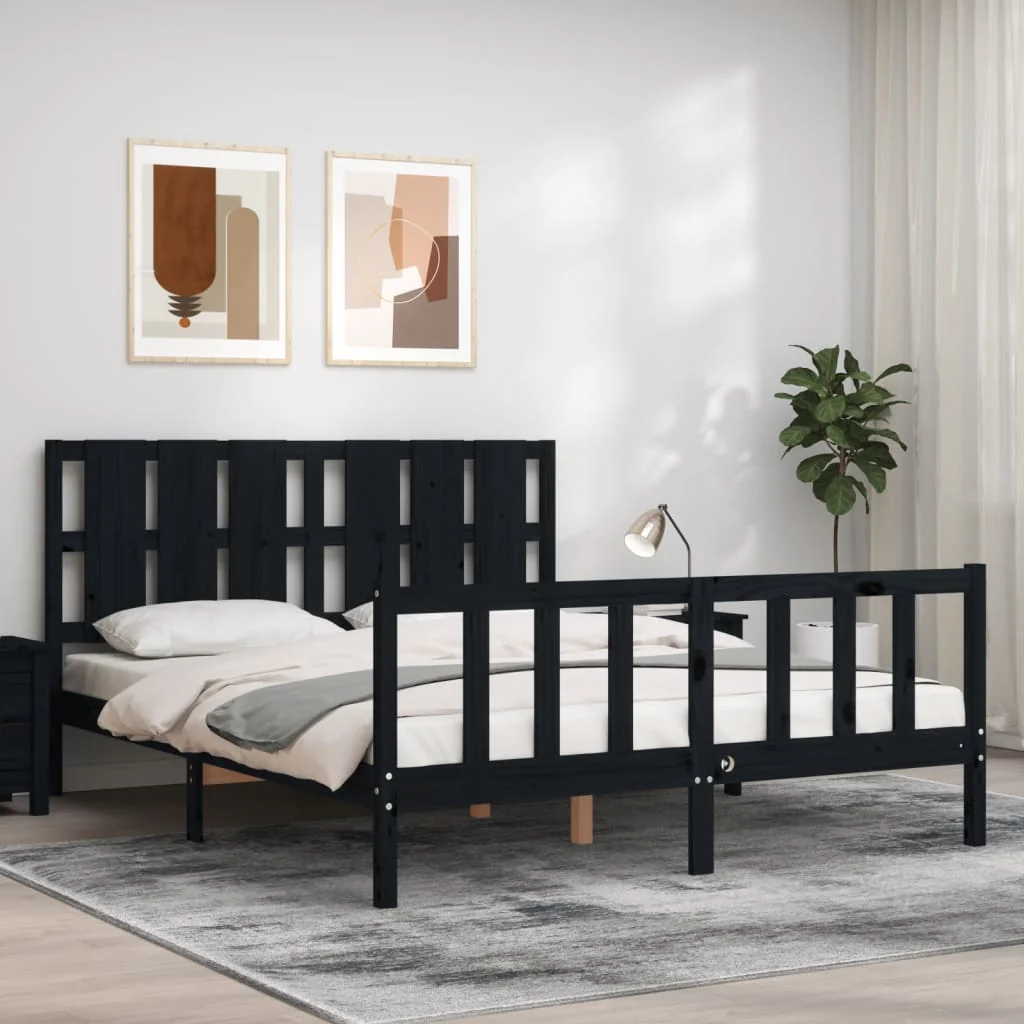 Berkfield Bed Frame with Headboard Black King Size Solid Wood