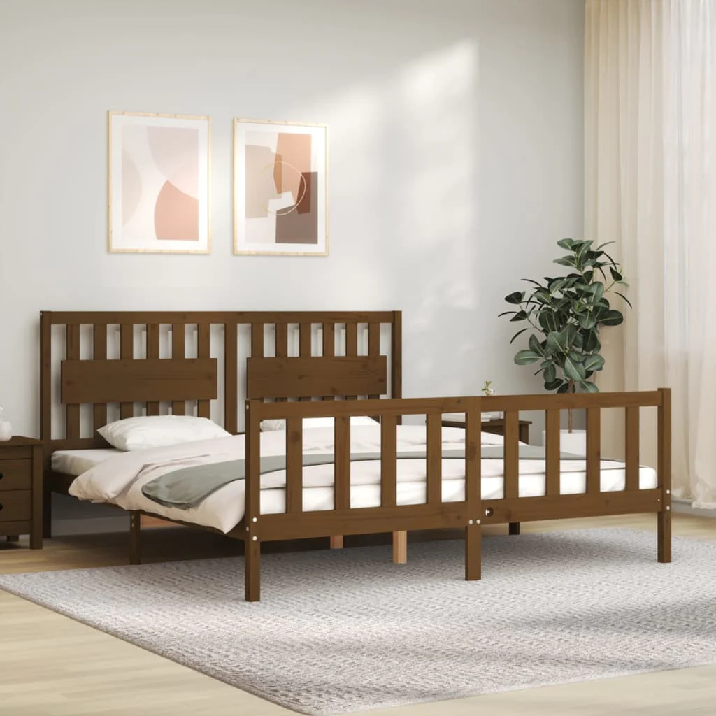 Berkfield Bed Frame with Headboard Honey Brown Super King Size Solid Wood