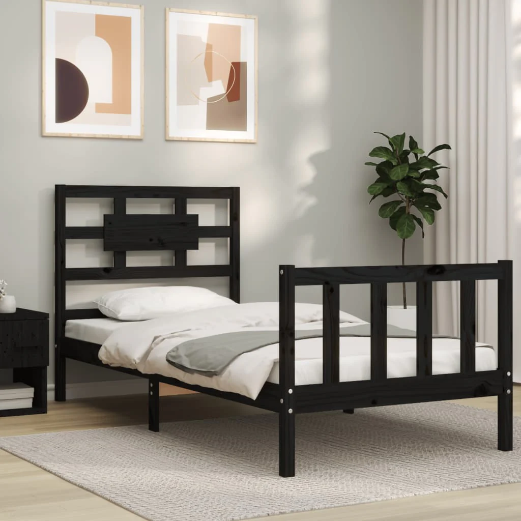 Berkfield Bed Frame with Headboard Black Single Solid Wood
