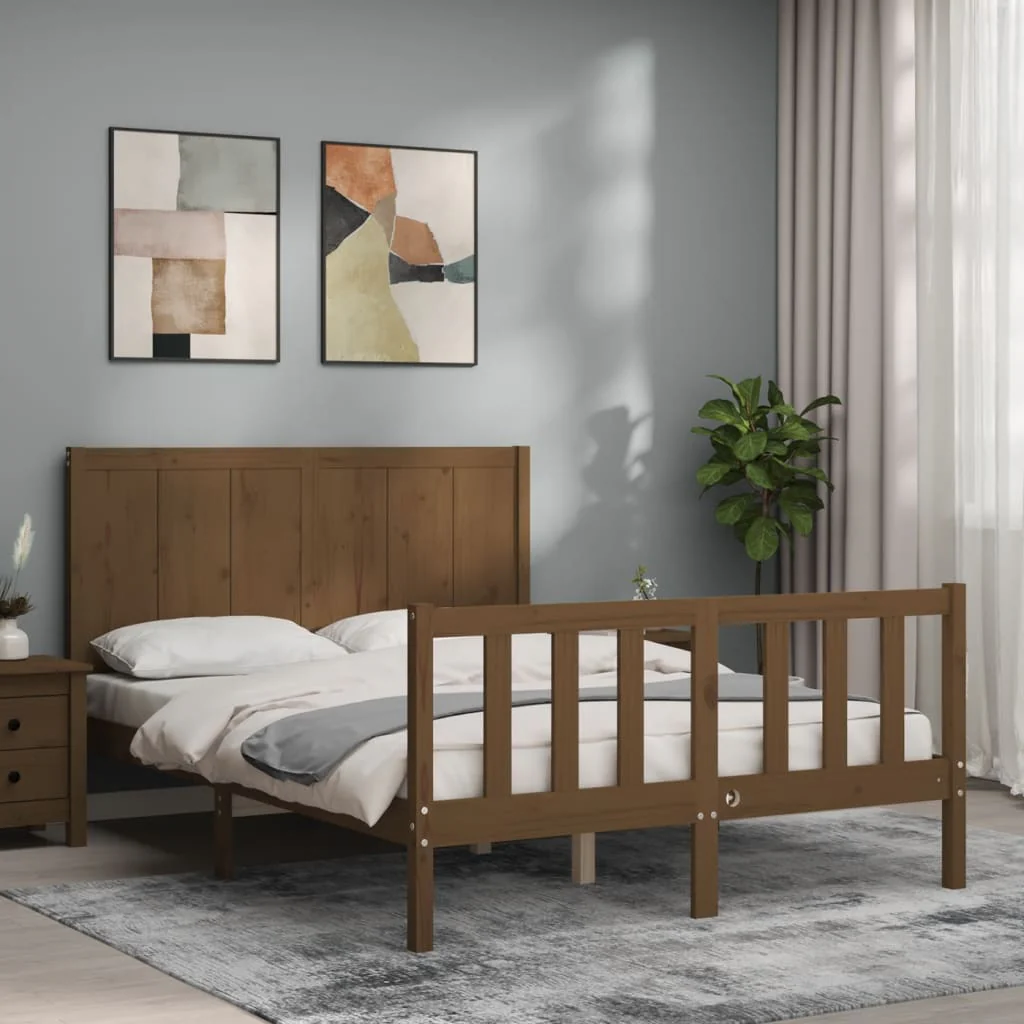 Berkfield Bed Frame with Headboard Honey Brown Double Solid Wood