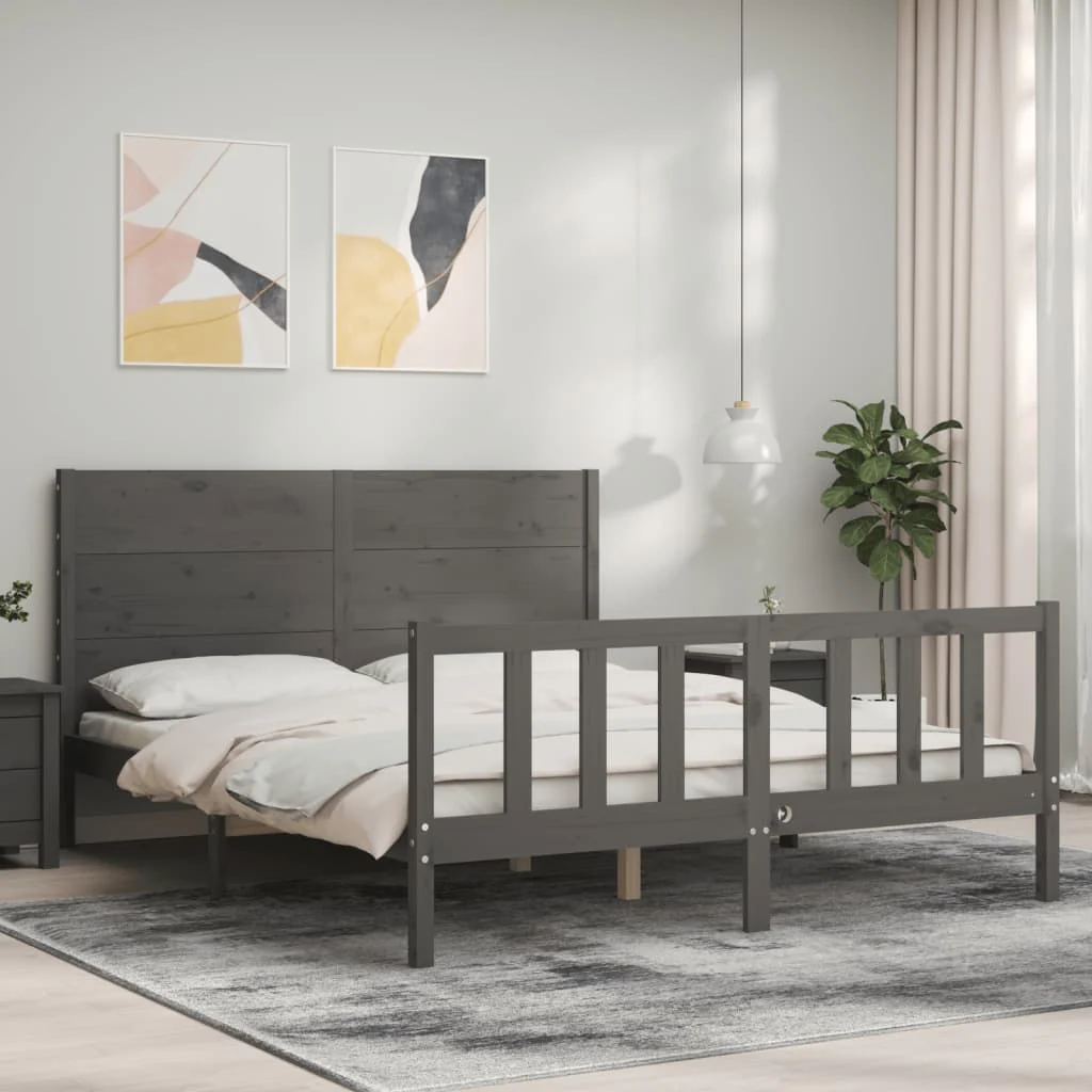 Berkfield Bed Frame with Headboard Grey King Size Solid Wood