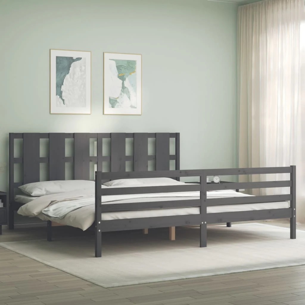 Berkfield Bed Frame with Headboard Grey Super King Size Solid Wood