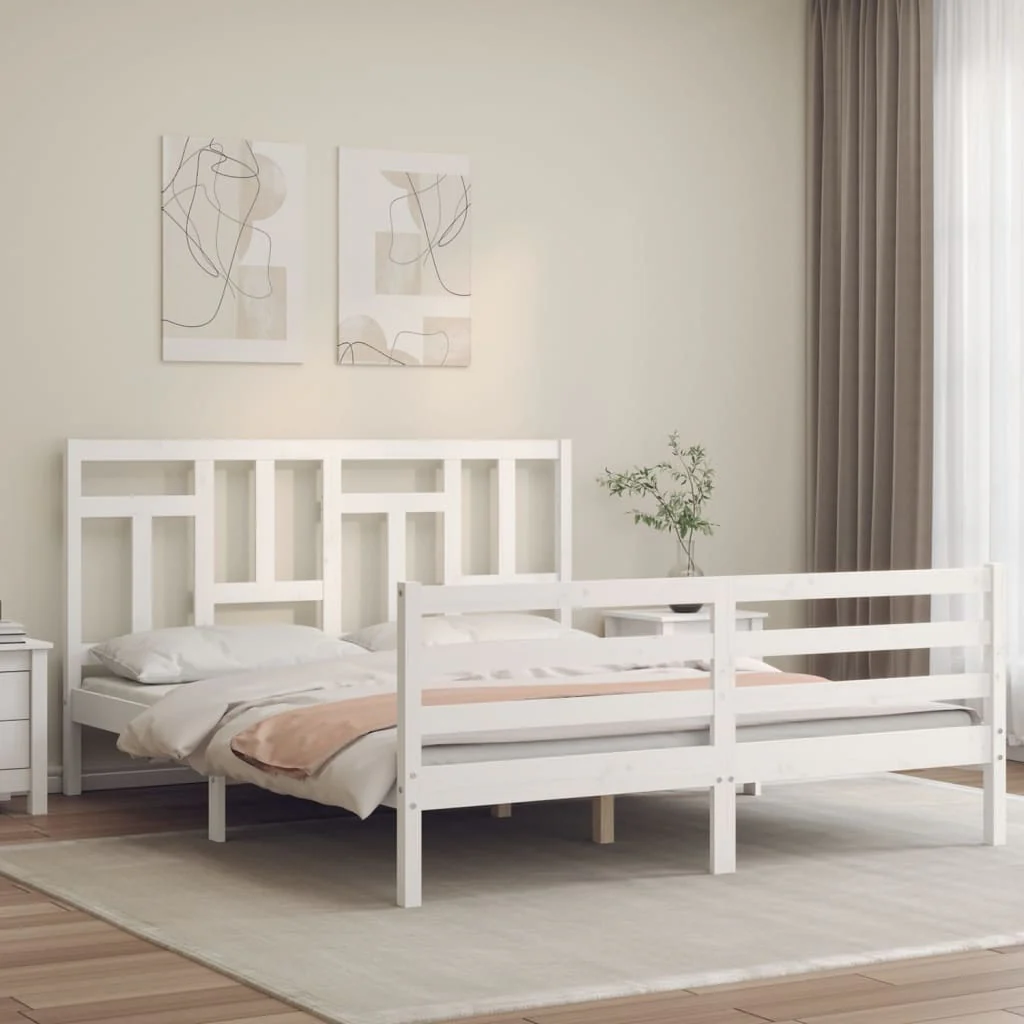 Berkfield Bed Frame with Headboard White King Size Solid Wood