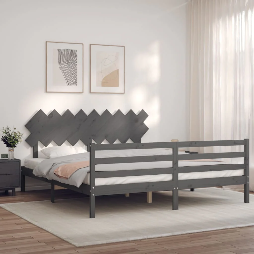 Berkfield Bed Frame with Headboard Grey Super King Size Solid Wood