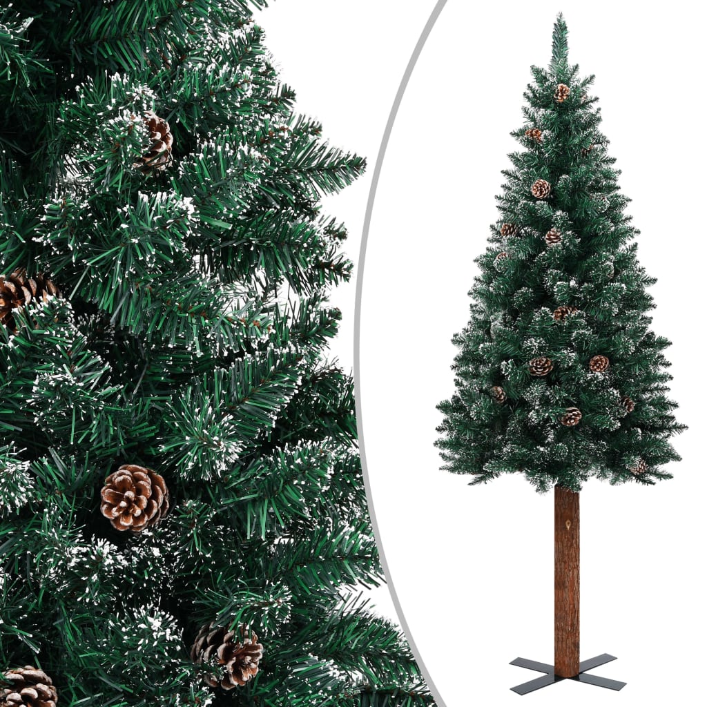 Berkfield Slim Christmas Tree with Real Wood and White Snow Green 150 cm