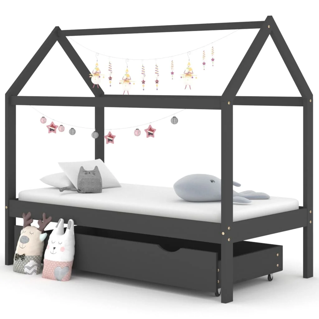 Berkfield Kids Bed Frame with a Drawer Dark Grey Solid Pine Wood 80x160cm