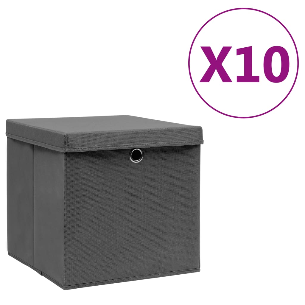 Berkfield Storage Boxes with Covers 10 pcs 28x28x28 cm Grey
