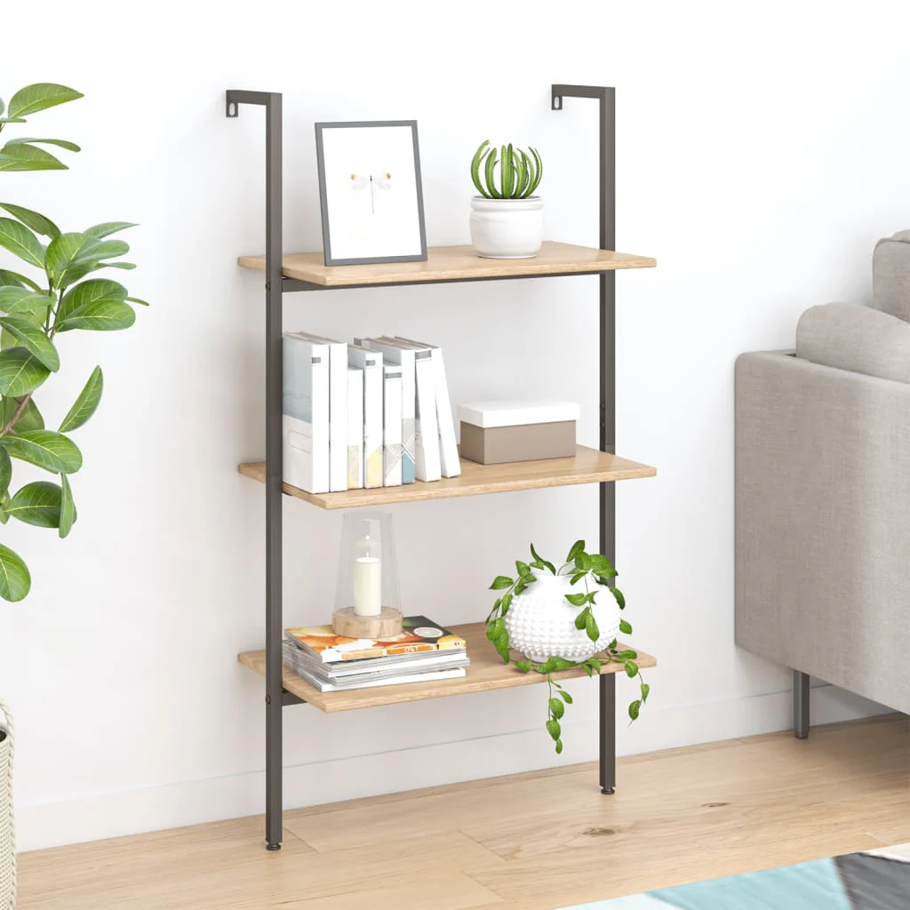 Berkfield 3-Tier Leaning Shelf Light Brown and Black 64x35x120.5 cm