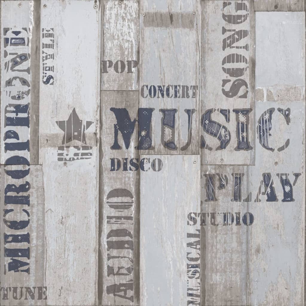 Noordwand Urban Friends & Coffee Wallpaper Wooden Planks Words Blue and Grey