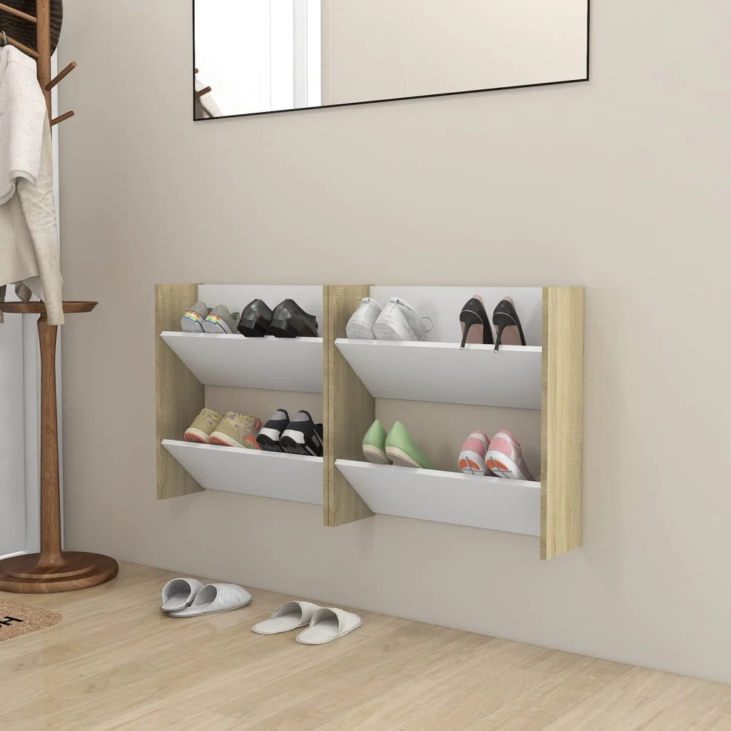 Berkfield Wall Shoe Cabinets 2 pcs White&Sonoma Oak 60x18x60 cm Engineered Wood