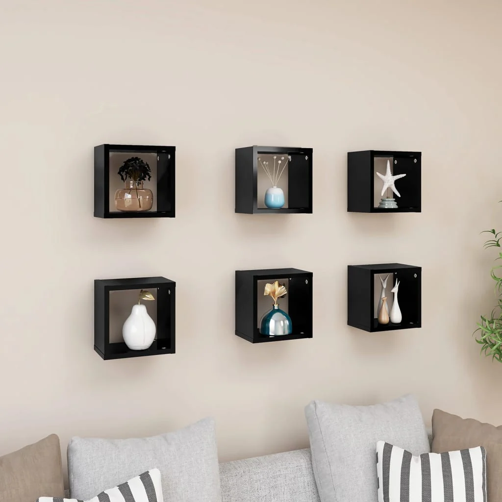 Berkfield Wall Cube Shelves 6 pcs High Gloss Black 22x15x22 cm
