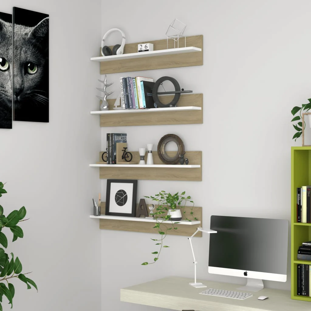 Berkfield Wall Shelf 4 pcs White and Sonoma Oak 80x11.5x18 cm Engineered Wood