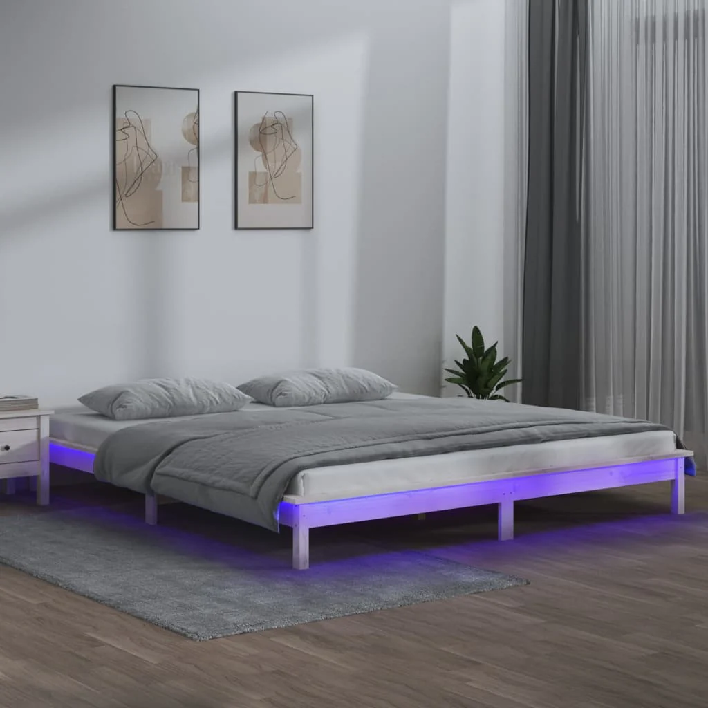 Berkfield LED Bed Frame White 135x190 cm Double Solid Wood