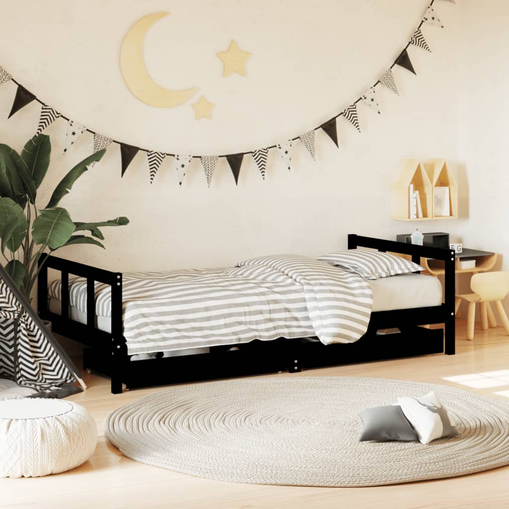 Berkfield Kids Bed Frame with Drawers Black 90x190 cm Solid Wood Pine