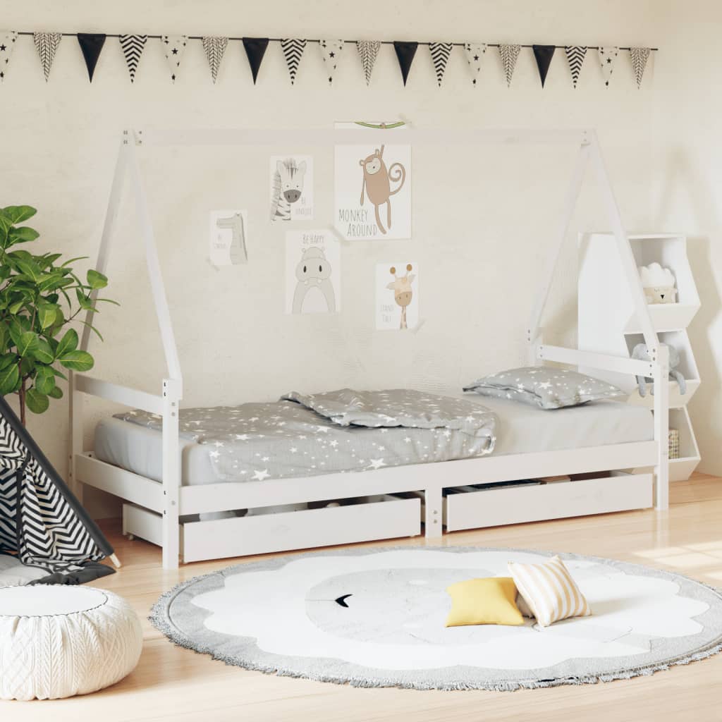 Berkfield Kids Bed Frame with Drawers White 90x200 cm Solid Wood Pine