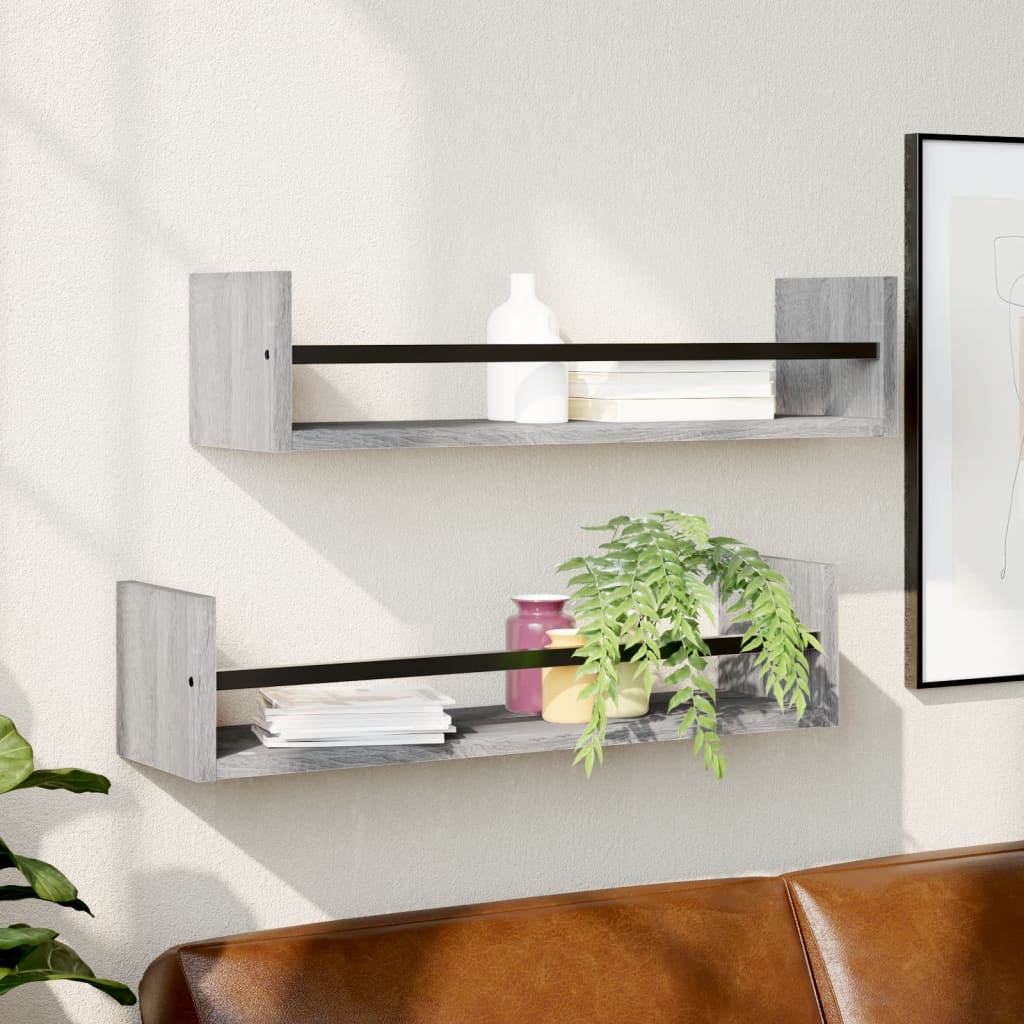 Berkfield Wall Shelves with Bars 2 pcs Grey Sonoma 60x16x14 cm